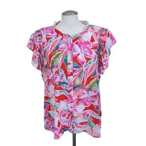 Sunny Leigh Womens Button Up Blouse XL Colorful Tropical Floral Print Ruffles
